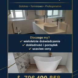 Marcin Głowiak - Reklama firmy remontowej: wykończona łazienka z białą wanną wolnostojącą i umywalką nablatową. Solidnie, terminowo, profesjonalnie. Działamy w Zielonej Górze.