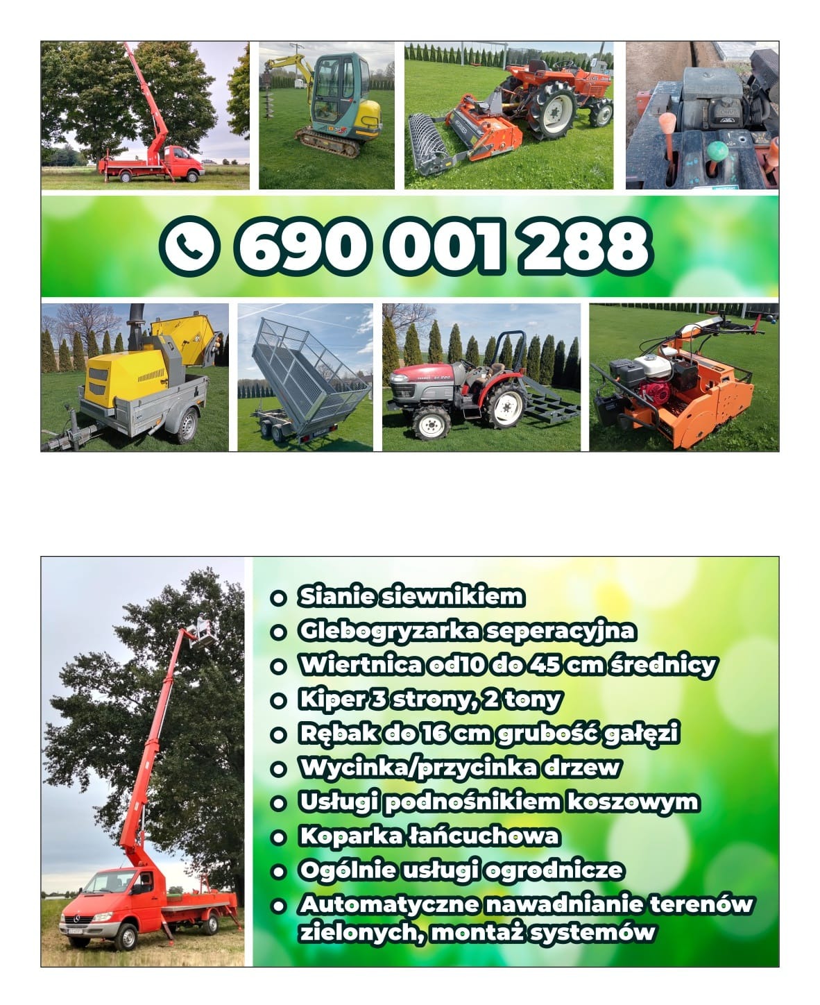 Zestawienie sprzętu: podnośnik koszowy na tle drzewa, minikoparka, glebogryzarka, traktor, przyczepa kiper i inne maszyny ogrodnicze. Numer telefonu na zielonym tle.