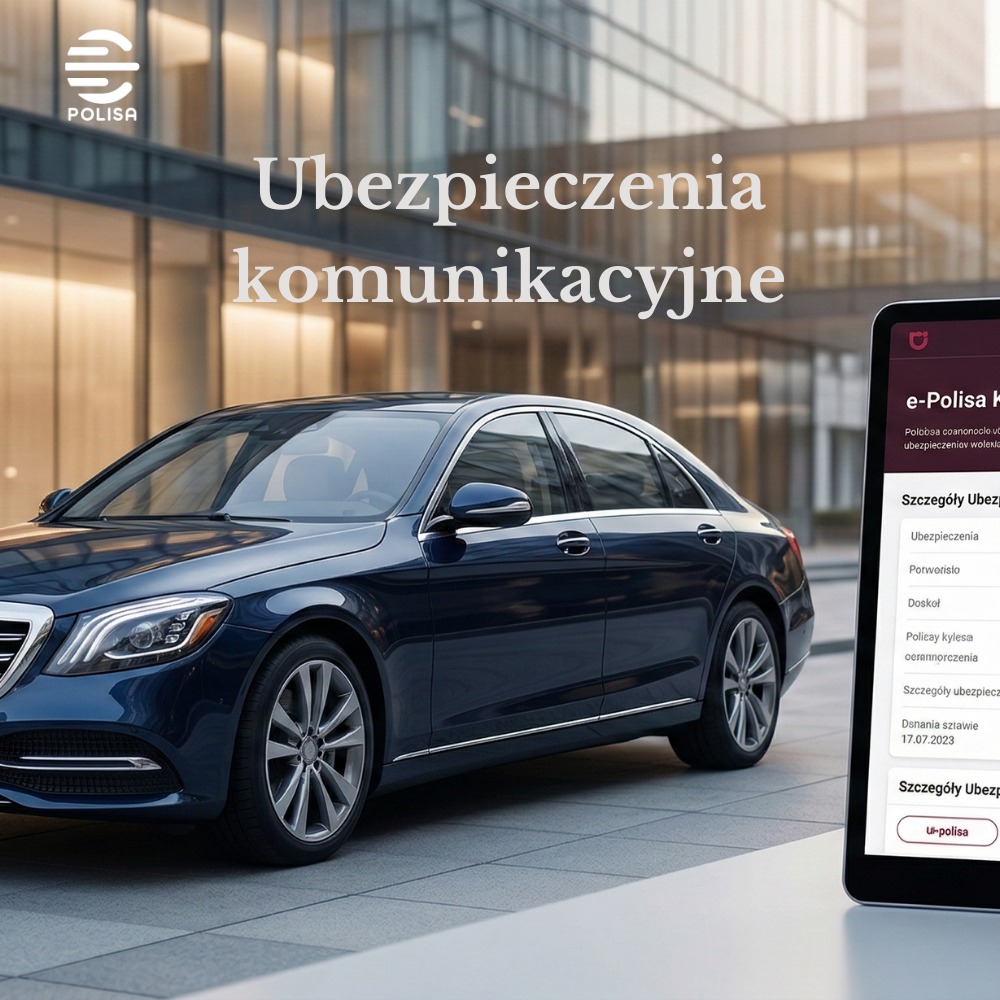 Granatowy samochód osobowy na tle budynku, obok tablet z aplikacją e-Polisa. Napis: Ubezpieczenia komunikacyjne. Logo firmy ubezpieczeniowej w lewym górnym rogu.