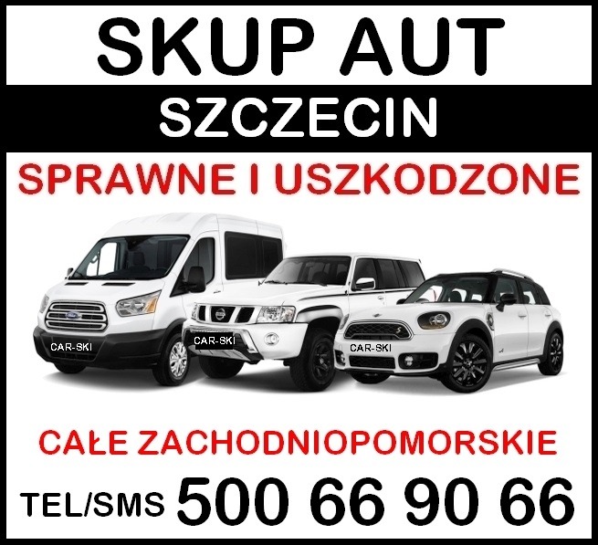 Skup aut w Szczecinie i całym Zachodniopomorskim: oferta na sprawne i uszkodzone pojazdy. Na grafice trzy białe auta: bus, terenówka i mini cooper.