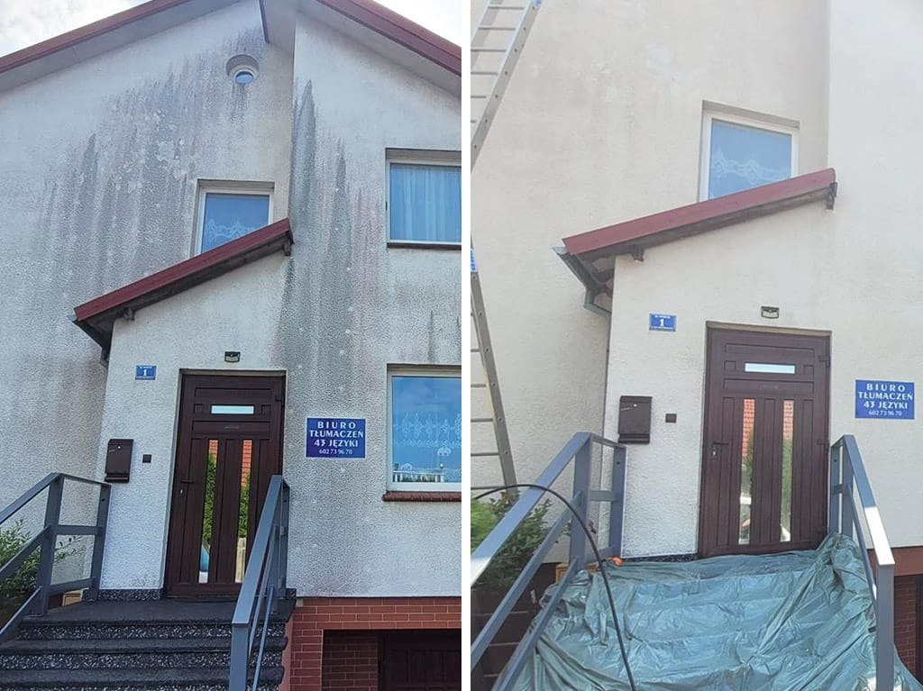 Elewacja budynku biurowego przed i po czyszczeniu, widoczne różnice w kolorze i usunięte zabrudzenia. Ujęcie z drabiny i zabezpieczeniem folią.