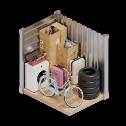 Własny Box Self Storage Warszawa Ursus - Kompaktowy magazyn: kartony, walizki, opony, pralka, narzędzia i rower w błękitnym kolorze, wszystko schludnie ułożone w przestrzeni magazynowej z metalowymi ścianami.