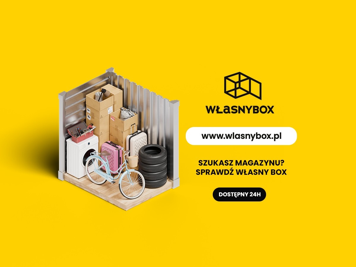 Grafika 3D: Miniaturowy magazyn z pralką, rowerem, oponami i kartonami na żółtym tle. Logo WŁASNYBOX i hasło: Szukasz magazynu? Sprawdź WŁASNY BOX.