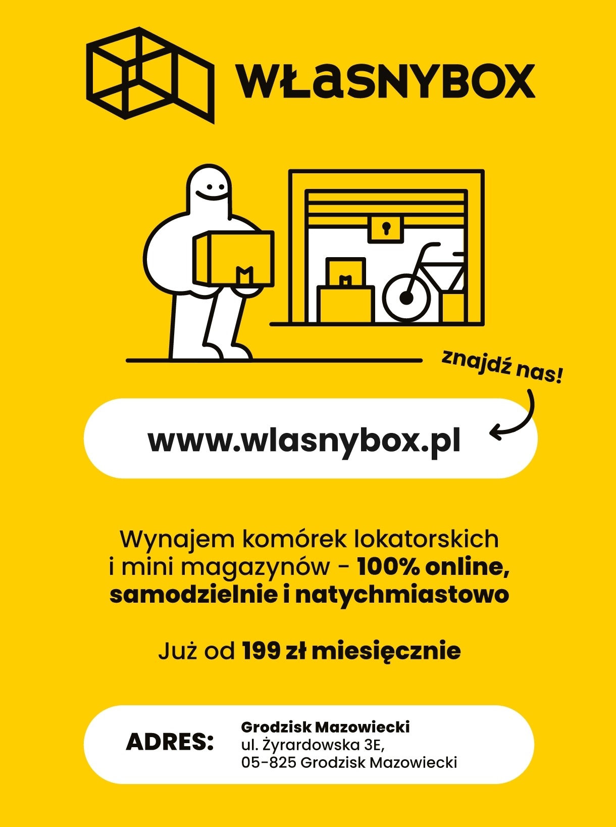 Żółty baner reklamowy WŁASNYBOX z grafiką magazynu, uśmiechniętej postaci z pudełkiem i adresem. Wynajem komórek lokatorskich i mini magazynów online.