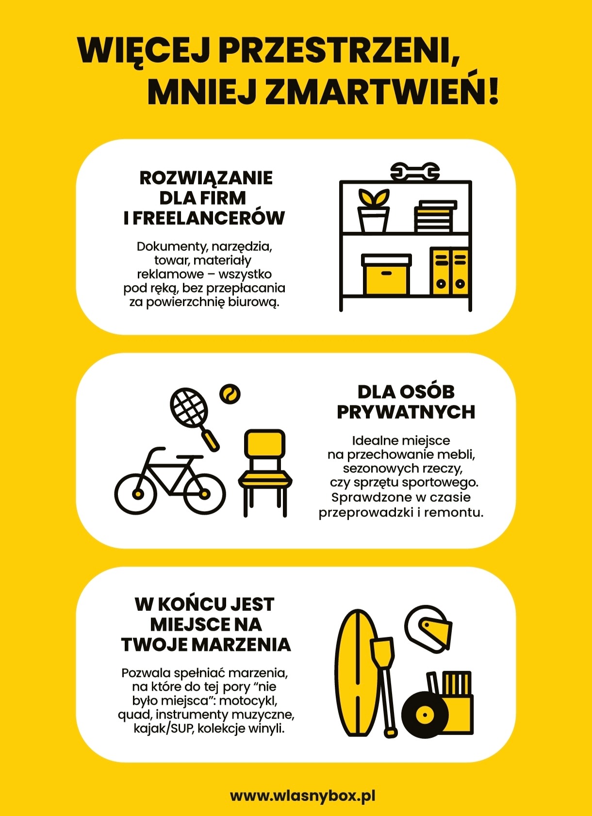 Żółty baner reklamowy z ikonami i tekstem o magazynowaniu dla firm i osób prywatnych, oferujący przestrzeń na dokumenty, sprzęt sportowy i inne przedmioty.