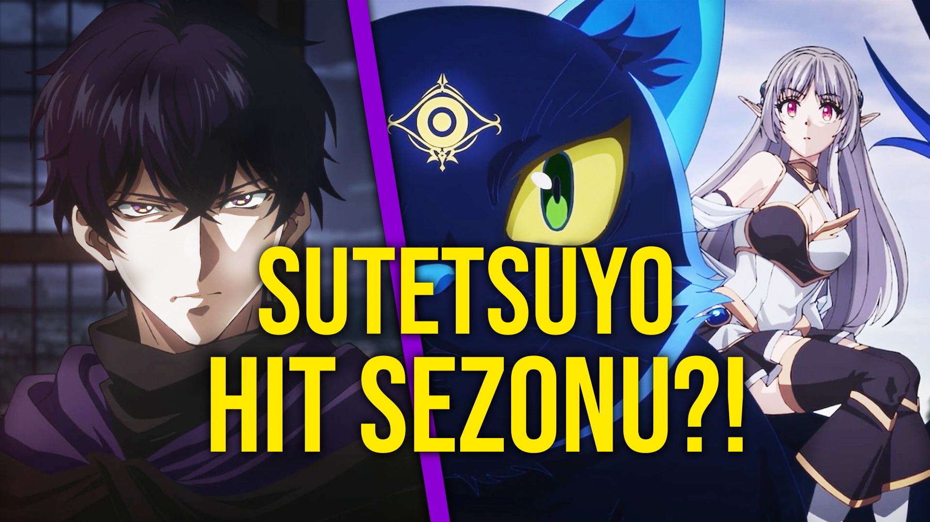 Animowana grafika z trzema postaciami: mężczyzną, kotem i kobietą. Żółty tekst 'SUTETSUYO HIT SEZONU?!' na fioletowym tle.