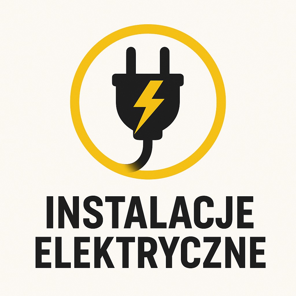 Grafika: czarna wtyczka z żółtą błyskawicą w żółtym okręgu, pod nią napis 'INSTALACJE ELEKTRYCZNE' czarną czcionką na jasnym tle.