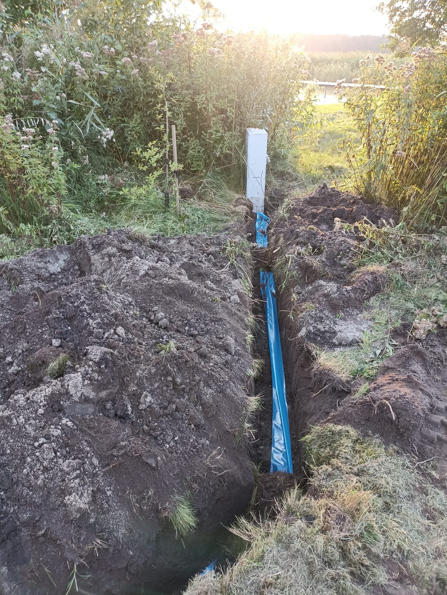 Wykop z ułożoną niebieską rurą w ziemi, obok biała skrzynka elektryczna. Widoczne rośliny i trawa. Prace ziemne w słoneczny dzień.