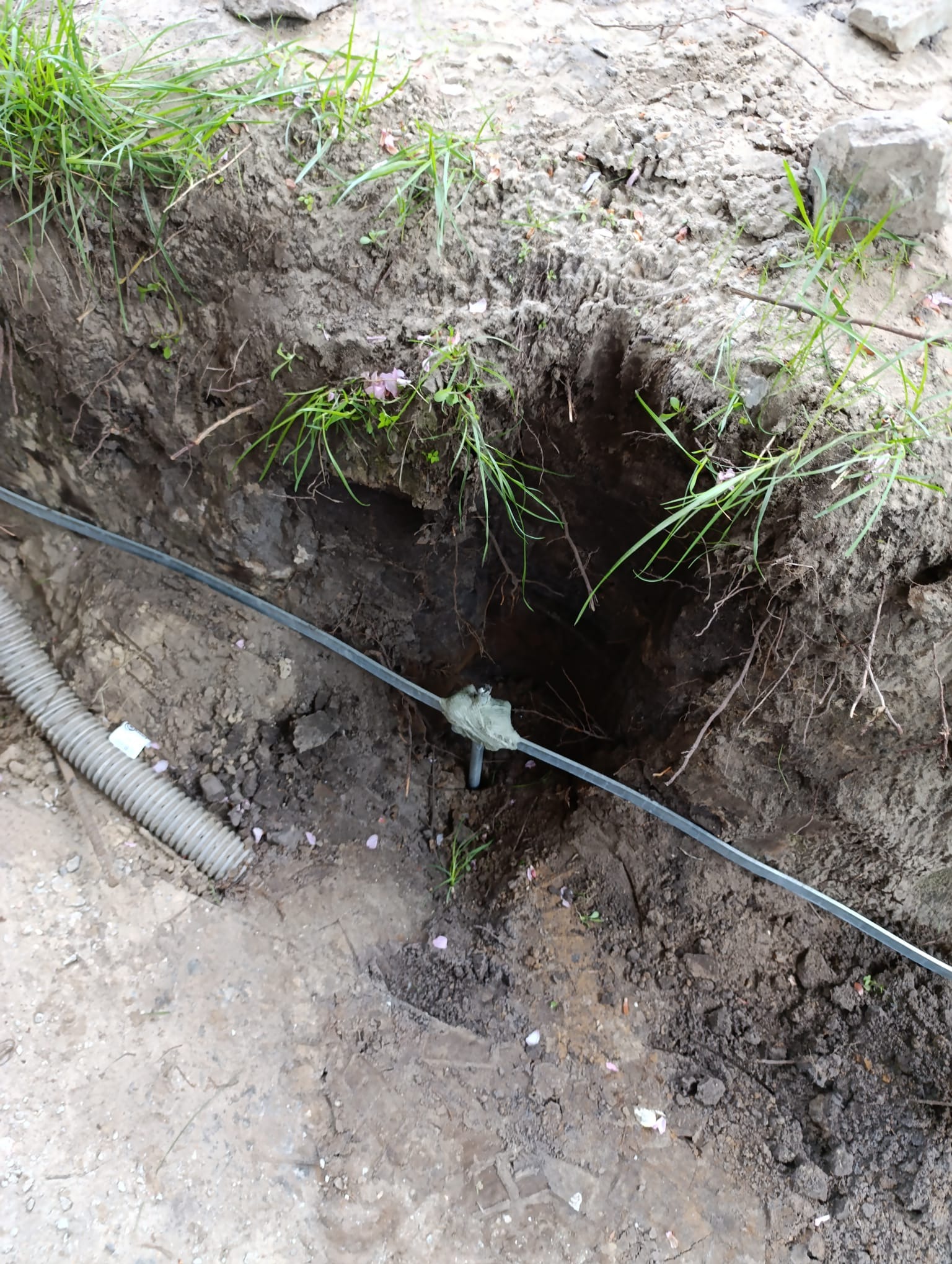 Uziemienie: kabel w ziemi, połączony z bednarką, widoczny wykop. Element instalacji odgromowej w gruncie, zarośniętym trawą. Szara rura karbowana obok.