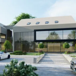 Nowoczesny dom z płaskim dachem i dużymi oknami, otoczony zielenią i samochodami, widok z poziomu gruntu.