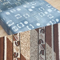 Szwagier Cleaner - Fragment dywanu z geometrycznym wzorem i tapicerowanego siedziska z niebieskim deseniem, widoczne na drewnianej podłodze, oświetlone światłem dziennym.