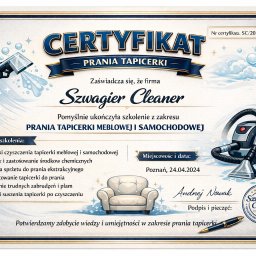 Szwagier Cleaner - Certyfikat firmy Szwagier Cleaner z zakresu prania tapicerki meblowej i samochodowej. Grafika zawiera ilustracje sprzętu do prania i fotela.