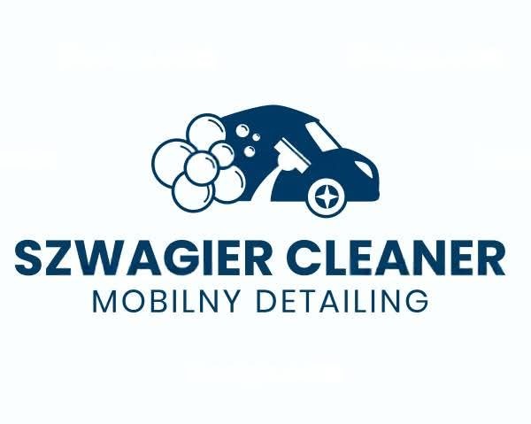Logo firmy 'Szwagier Cleaner Mobilny Detailing' z ikoną samochodu, piany i narzędzia do czyszczenia. Granatowy kolor na białym tle.