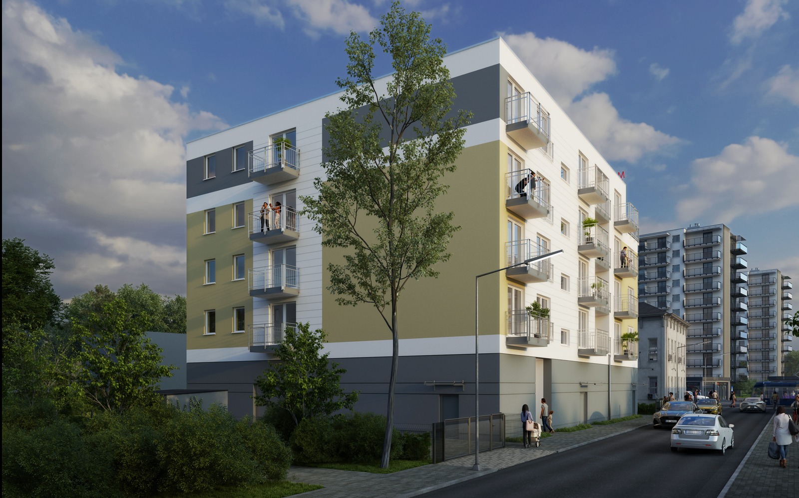 Wizualizacja budynku wielorodzinnego z balkonami, zieleń miejska, chodnik z przechodniami, samochody na ulicy, błękitne niebo z chmurami w tle. Realistyczny render architektoniczny.