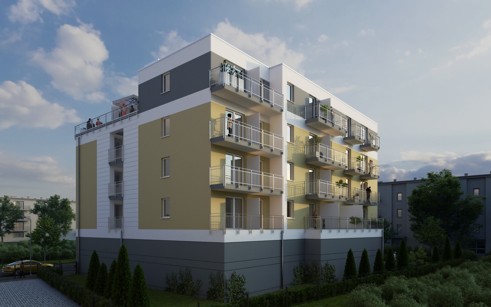 Wizualizacja budynku wielorodzinnego z balkonami i tarasem na dachu, w kolorach bieli, szarości i beżu, otoczonego zielenią. Widoczne sylwetki ludzi na balkonach i tarasie.