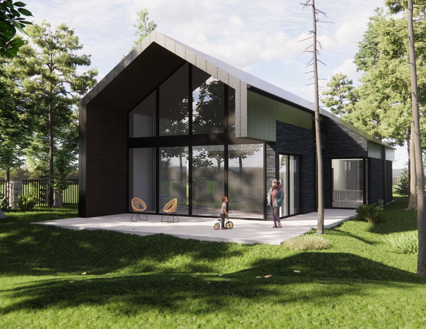 Wizualizacja nowoczesnego domu jednorodzinnego z dużymi przeszkleniami, otoczonego zielenią. Na tarasie postacie: dorosły i dziecko na rowerku.