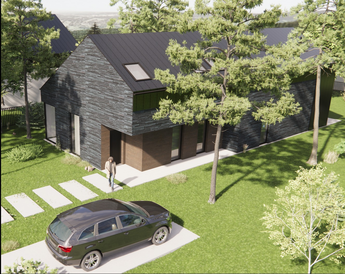 Wizualizacja domu jednorodzinnego z ciemną elewacją i dachem, otoczonego zielenią i drzewami w Janowie. Nowoczesny projekt z samochodem na podjeździe i osobą w pobliżu wejścia.