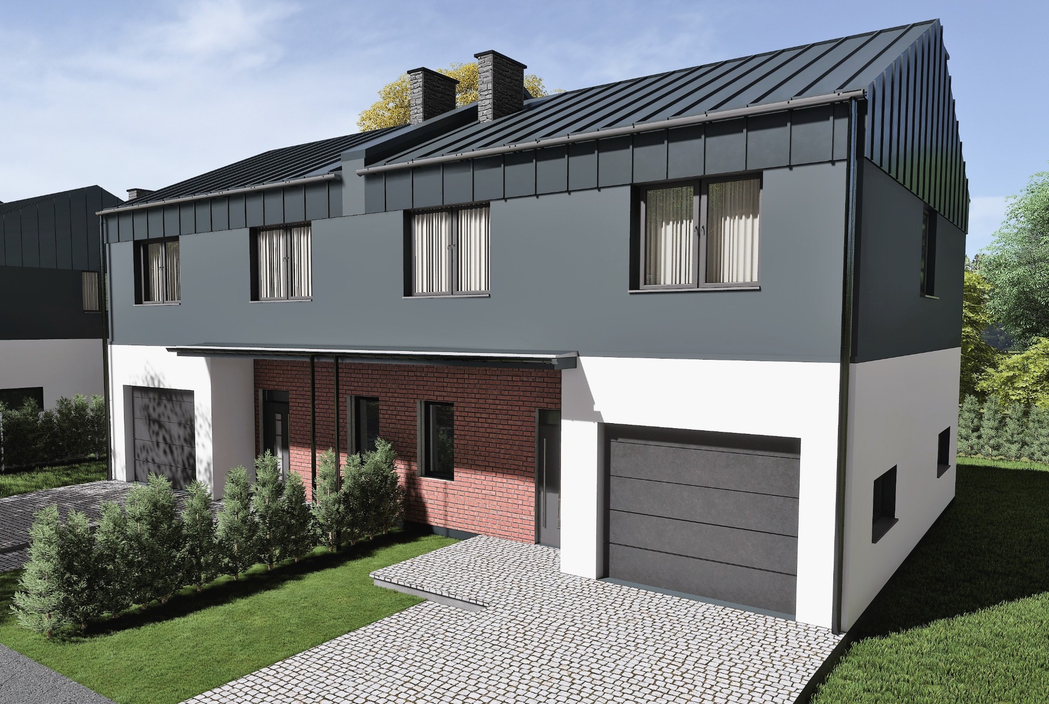 Wizualizacja szeregowego domu z grafitową blachą na dachu, białymi ścianami i ceglanym fragmentem elewacji. Podjazd wyłożony kostką, zadbany trawnik i krzewy.