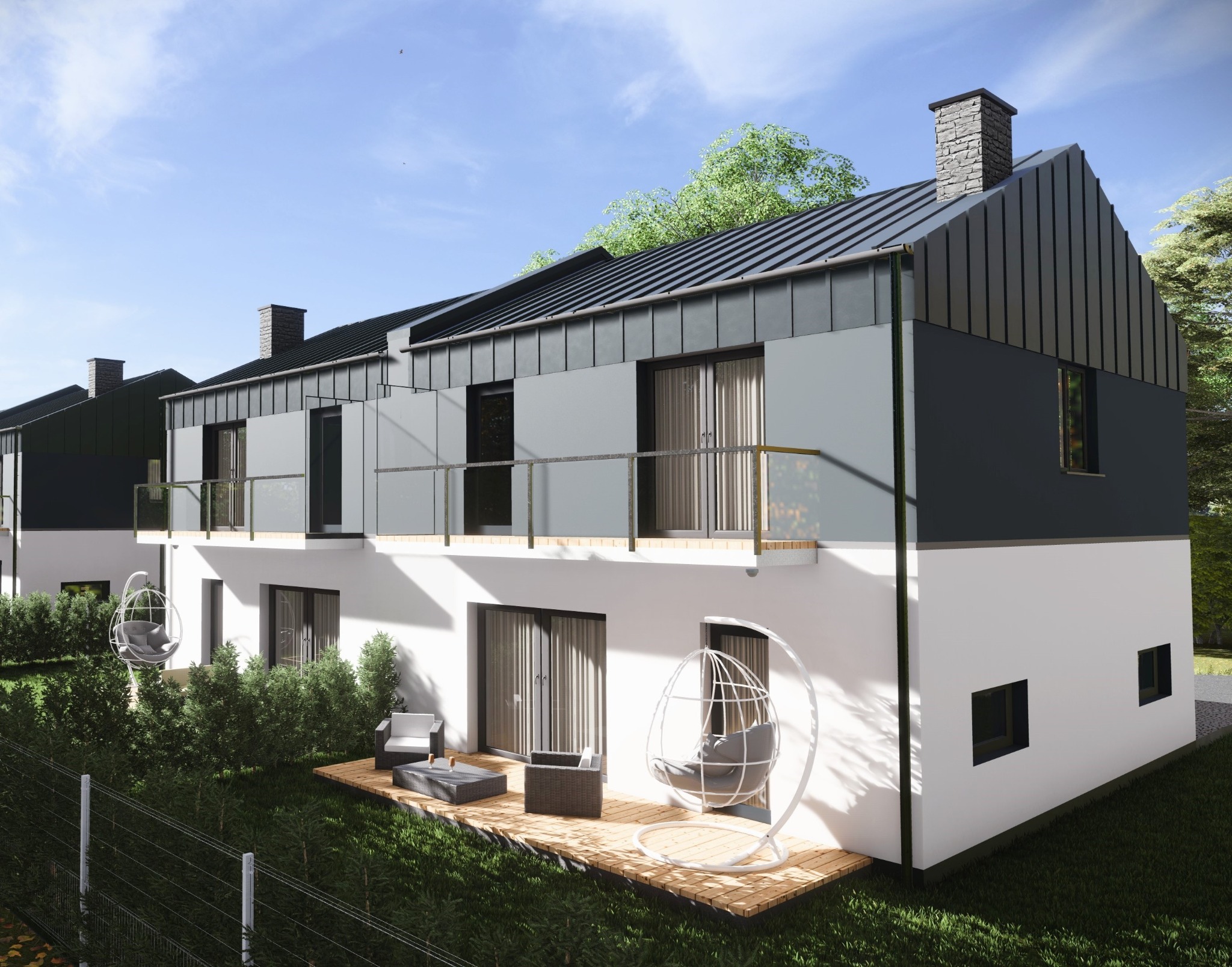 Wizualizacja szeregu nowoczesnych domów z ciemnymi dachami i jasnymi elewacjami, z balkonami i tarasami wyposażonymi w meble ogrodowe.