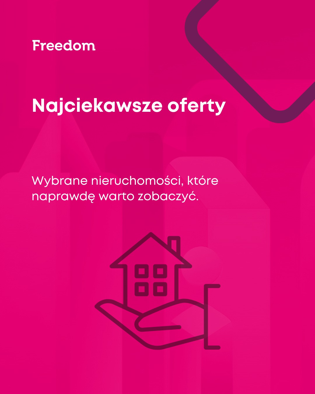 Różowa grafika z napisem 'Najciekawsze oferty' i ikoną domu na dłoni, promująca wybrane nieruchomości agencji Freedom.
