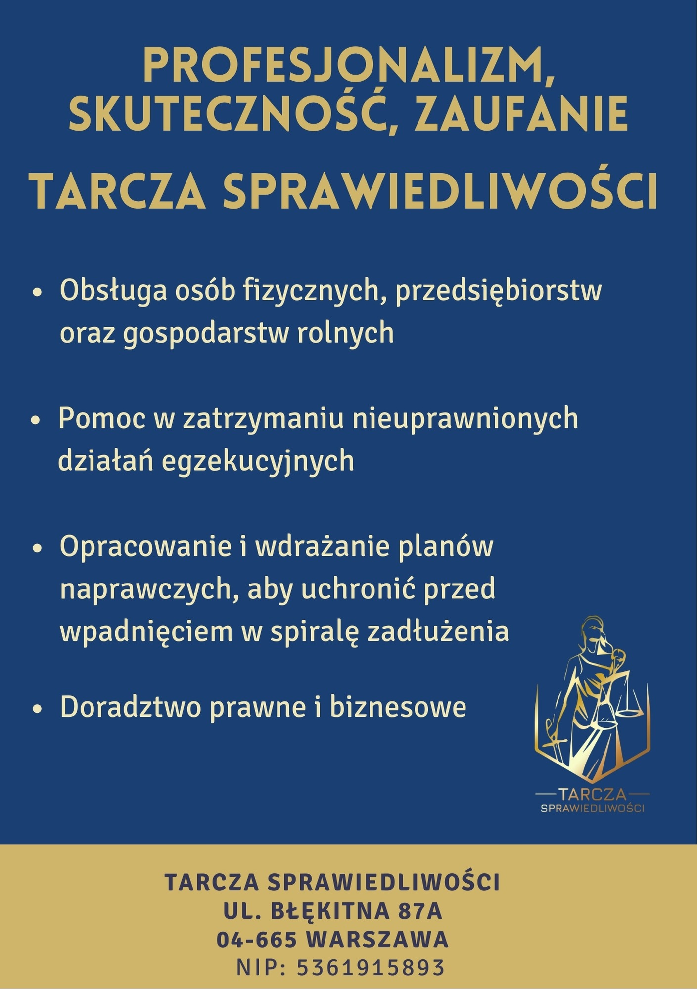 Baner Kancelarii Prawnej Tarcza Sprawiedliwości: profesjonalizm, obsługa firm i osób fizycznych, doradztwo, pomoc w egzekucji, plany naprawcze. Adres i NIP.