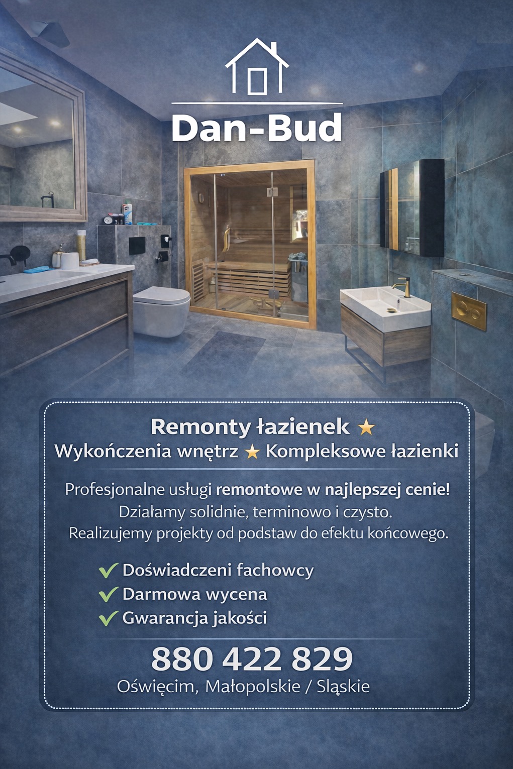 Stylowa łazienka z sauną, wykończona w odcieniach szarości i drewna. Umywalka z szafką, toaleta i lustro tworzą spójną całość. Widoczna sauna z drewnianym wnętrzem.