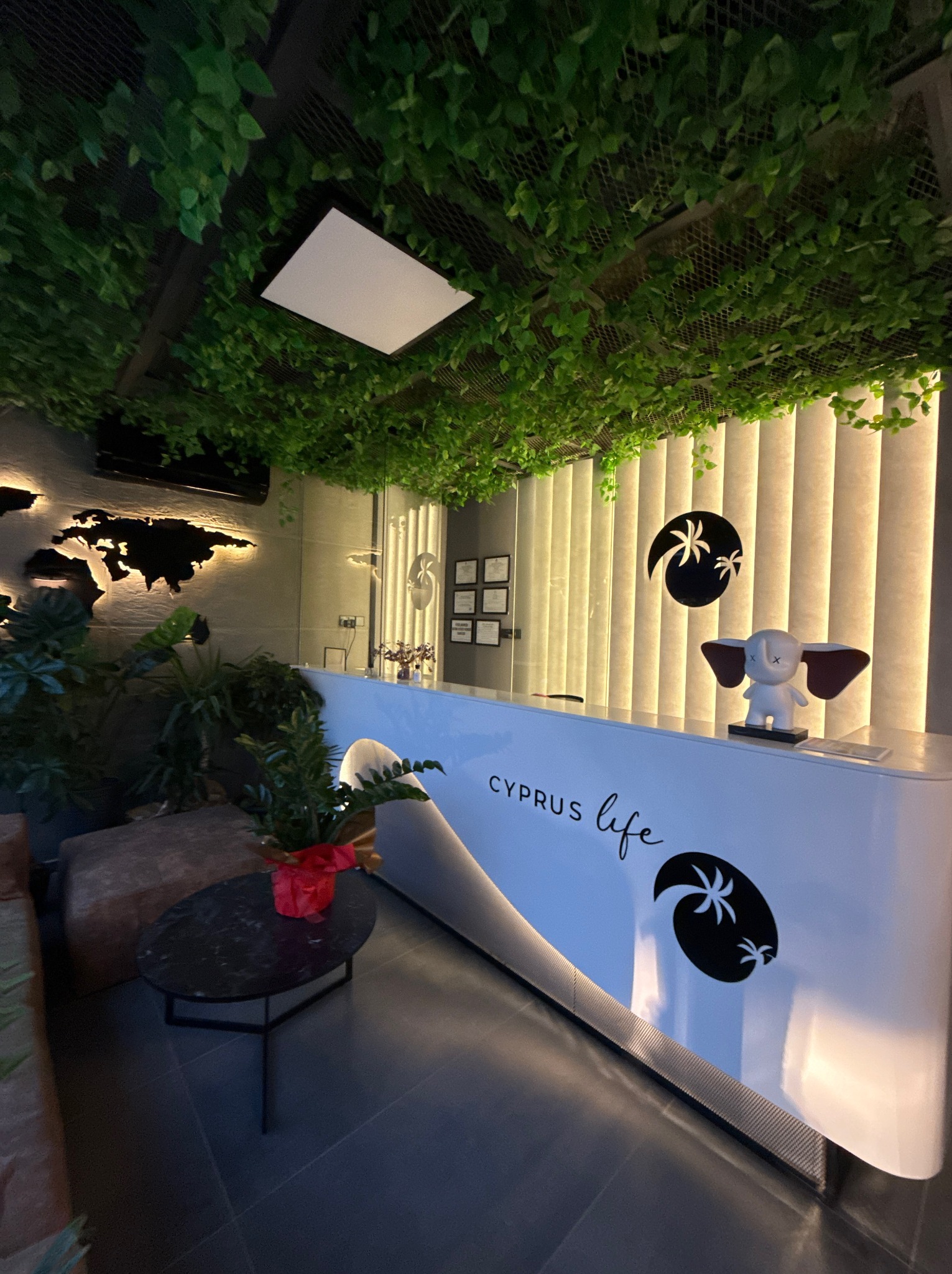 Nowoczesne biuro 'Cyprus Life' z recepcją, mapą świata na ścianie i roślinami. Minimalistyczny design z akcentami natury i stonowaną kolorystyką.