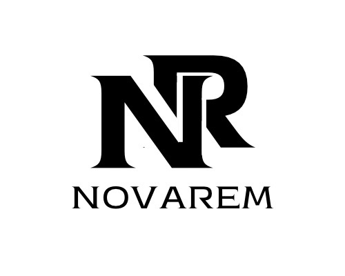 Logo 'NR NOVAREM' w czerni na białym tle. Litery 'N' i 'R' splecione w górnej części, poniżej pełna nazwa firmy. Minimalistyczny, elegancki design.