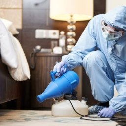 NOWE Goryzonty - Pracownik w kombinezonie ochronnym, z maską i goglami, dezynfekuje pokój hotelowy za pomocą niebieskiego zamgławiacza. Widoczny fragment łóżka i stolika nocnego.