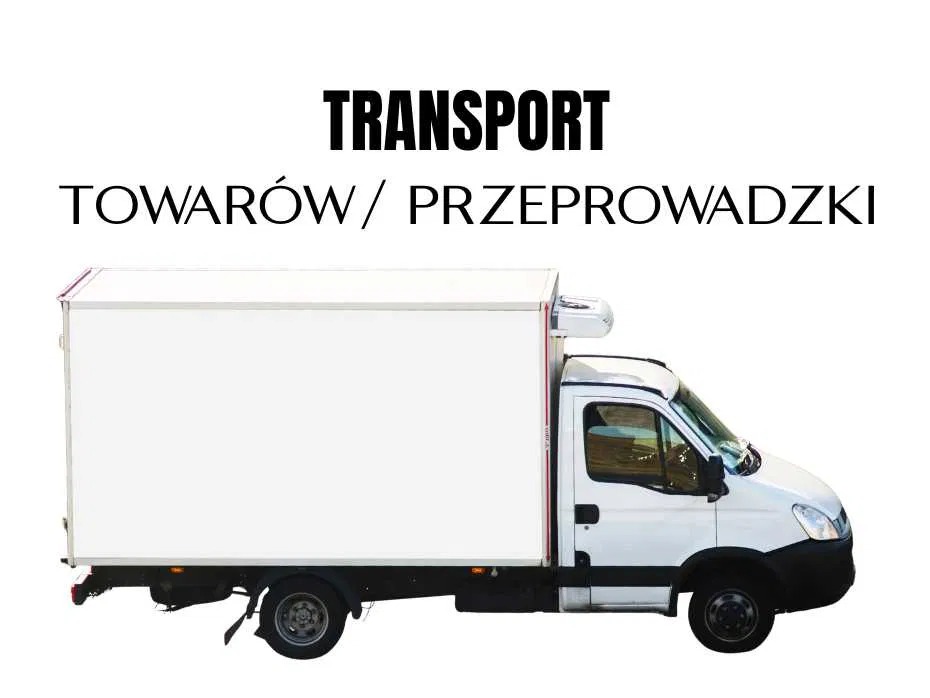 Biała furgonetka z napisem 'TRANSPORT TOWARÓW/PRZEPROWADZKI' na białym tle. Widok z boku, czarne koła, chłodnia na dachu.
