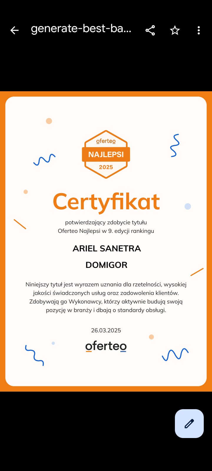 Certyfikat Oferteo Najlepsi 2025 dla Ariel Sanetra Domigor, potwierdzający wysoką jakość usług i zadowolenie klientów. Dokument z datą 26.03.2025.