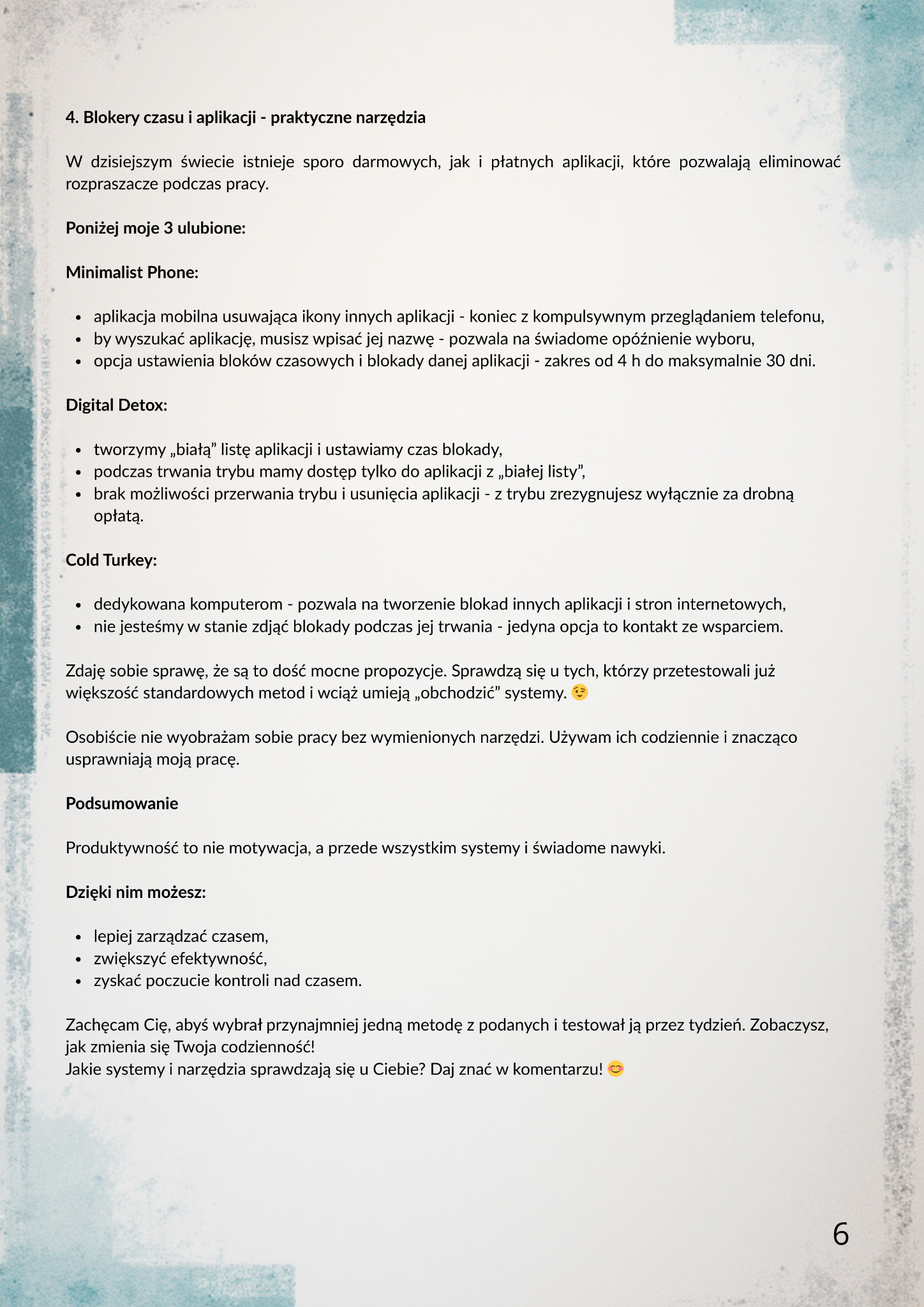 Artykuł o blokerach czasu i aplikacji, prezentujący narzędzia do eliminowania rozpraszaczy podczas pracy, z listą ulubionych aplikacji i podsumowaniem.