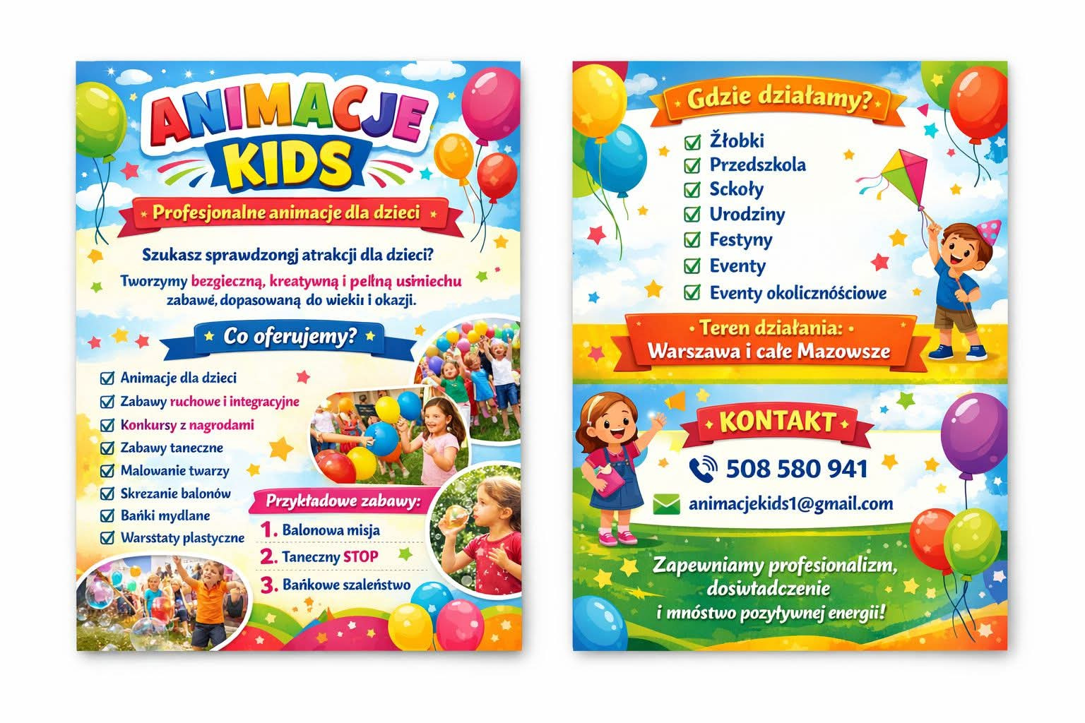 Kolorowa reklama animacji dla dzieci: balonowa misja, taneczny STOP, bańkowe szaleństwo. Animacje w żłobkach, przedszkolach, szkołach, urodzinach i eventach.