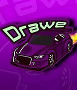 Fioletowy, stylizowany samochód sportowy z płomieniami, na tle fioletowego gradientu z powtarzającym się napisem 'Drawe' w tle. Grafika wektorowa.