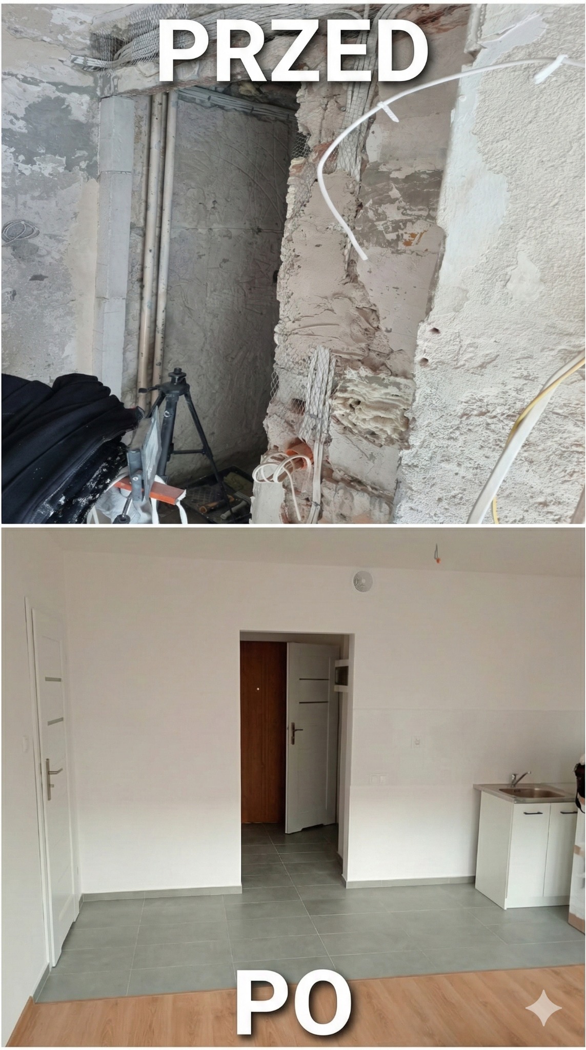 Zdjęcie 'przed i po' remontu mieszkania: surowy stan z odsłoniętą instalacją i wykończone wnętrze z pomalowanymi ścianami, nową podłogą i zabudową kuchenną.