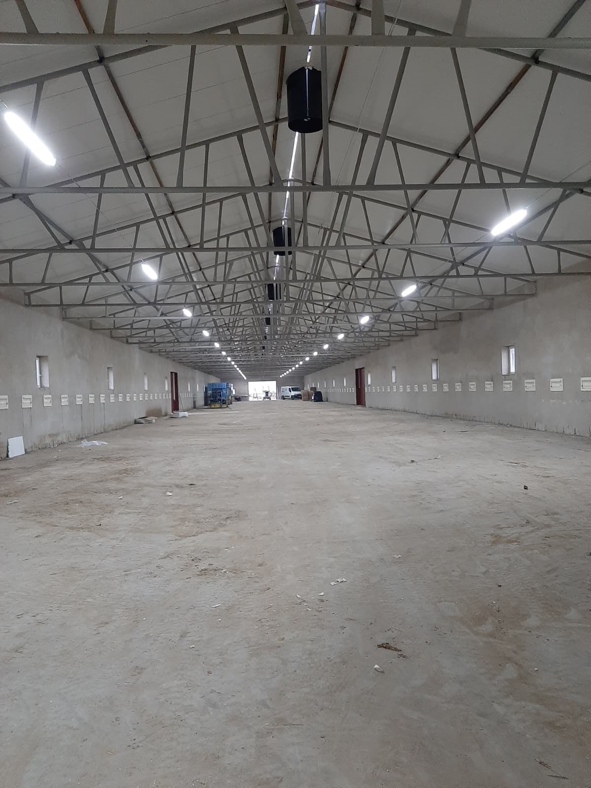 Wnętrze hali magazynowej z zamontowanym oświetleniem LED. Widoczne stalowe konstrukcje dachu i betonowa posadzka. W oddali zaparkowane pojazdy.