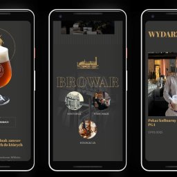 VV VIRTUAL VISION WITOLD ROSIŃSKI - Trzy ekrany smartfona prezentują aplikację Browar PG4: piwo, historię browaru i wydarzenia kulinarne. Grafika w odcieniach złota na ciemnym tle.