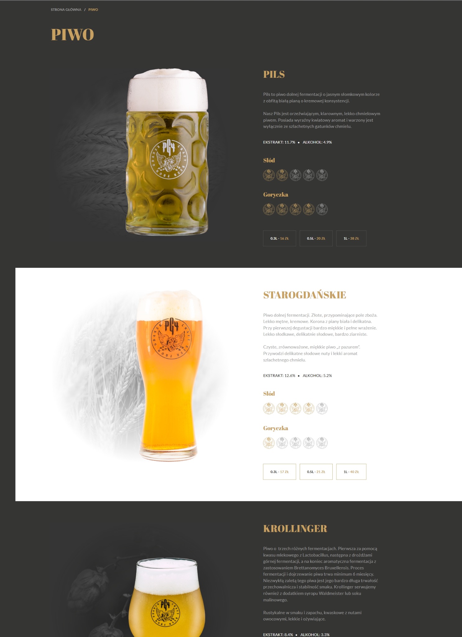 Projekt Browar PG4 w Gdańsku: Prezentacja trzech rodzajów piwa - Pils, Starogdańskie i Krollinger. Każdy rodzaj opisany jest pod względem smaku, aromatu i zawartości alkoholu.