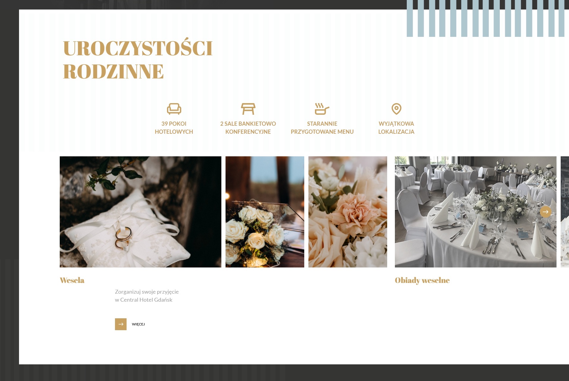 Elegancki kolaż prezentujący ofertę hotelu: obrączki na poduszce, dekoracje kwiatowe, nakryty stół weselny. Całość w stonowanej kolorystyce, z tekstem o uroczystościach rodzinnych.