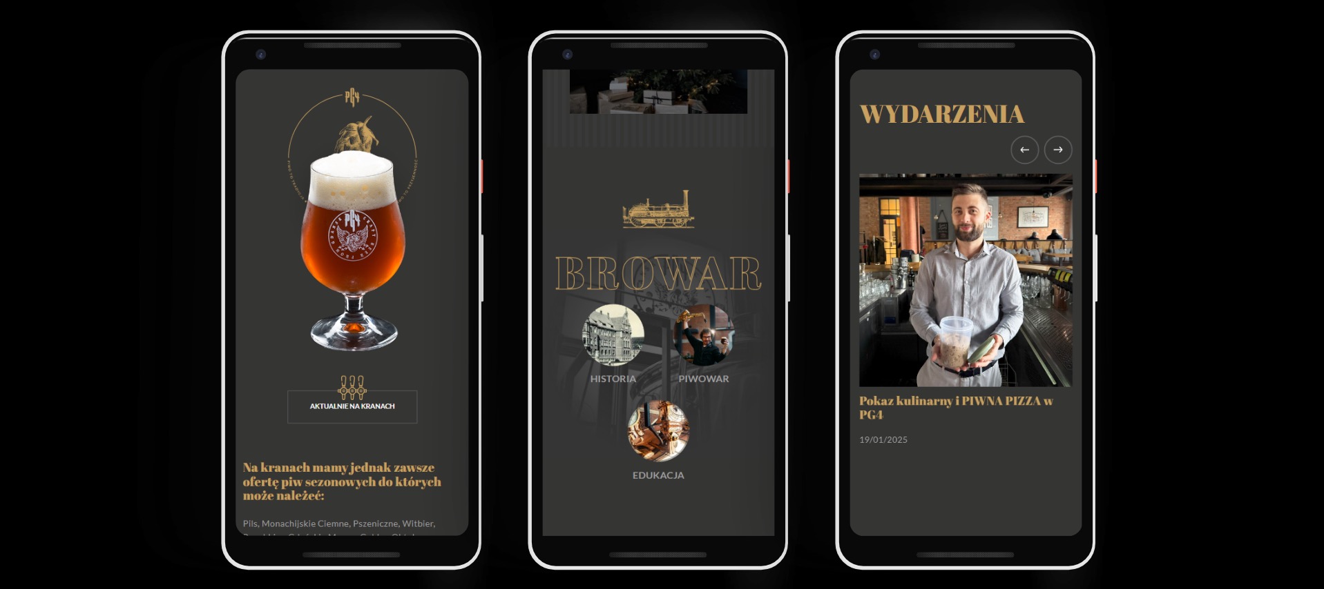 Trzy ekrany smartfona prezentują aplikację Browar PG4: piwo, historię browaru i wydarzenia kulinarne. Grafika w odcieniach złota na ciemnym tle.