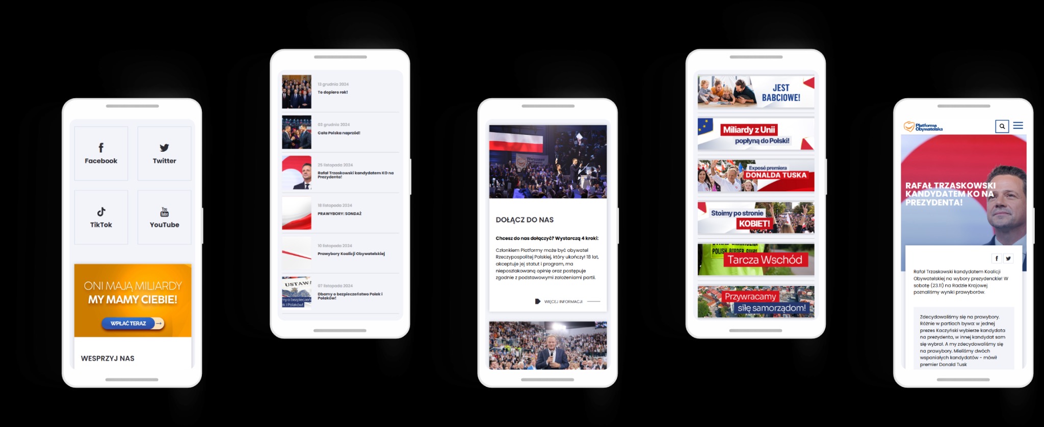 Responsywna strona Platformy Obywatelskiej na smartfonach: ikony social media, aktualności, wezwanie do wsparcia, informacje o kandydacie Trzaskowskim na prezydenta.