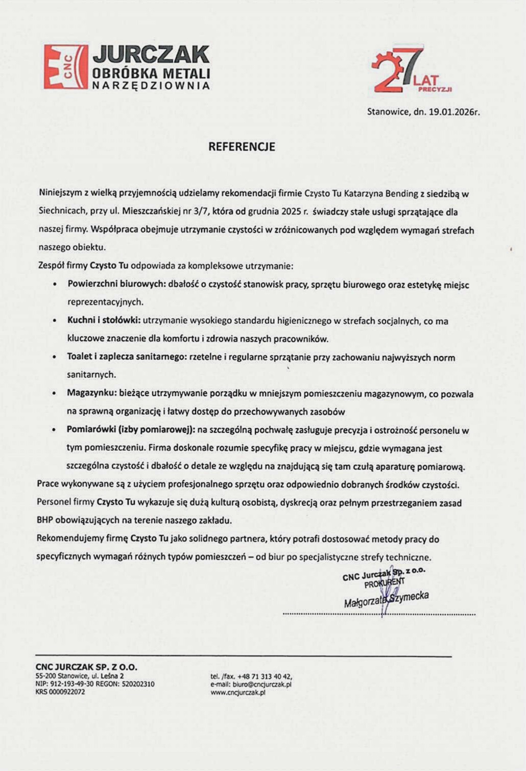 Skan referencji dla firmy sprzątającej Czysto Tu, z pochwałami za utrzymanie czystości w biurach, kuchniach, toaletach, magazynach i izbach pomiarowych. Podpis Małgorzaty Szymeckiej.