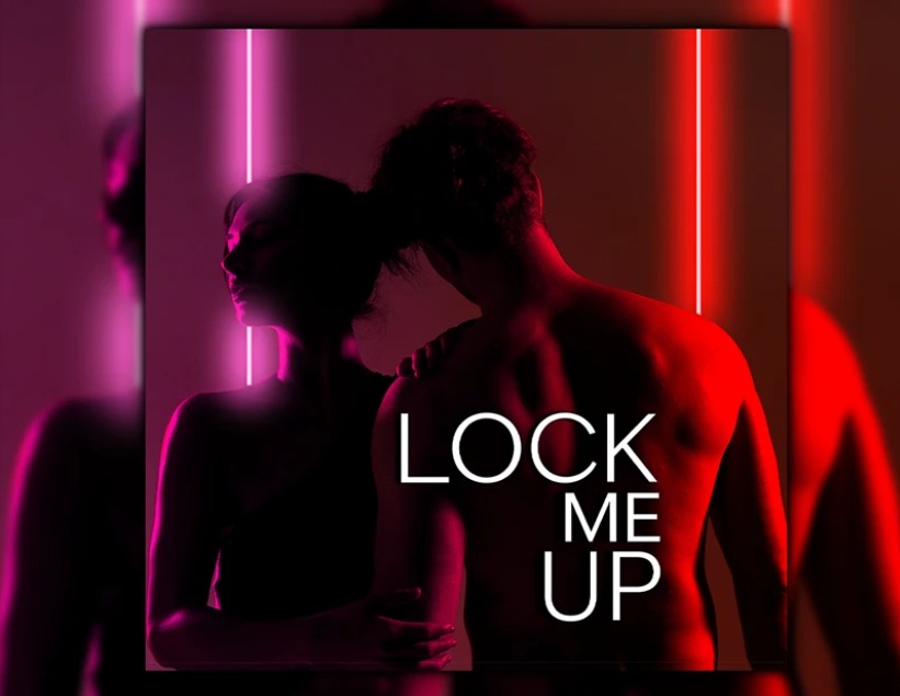 Okładka albumu muzycznego z sylwetkami pary w czerwono-różowym neonowym oświetleniu i białym napisem 'LOCK ME UP'.