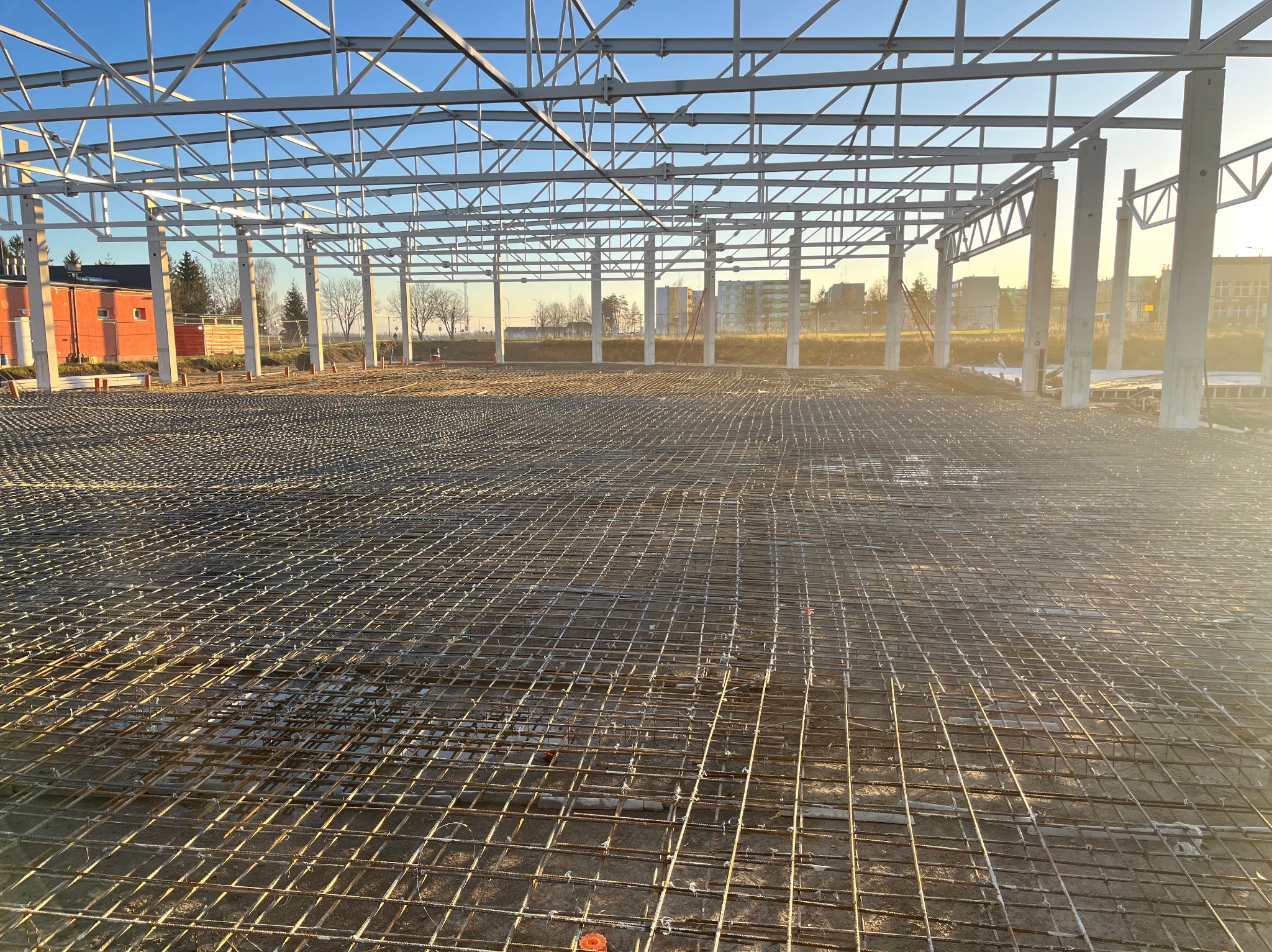 Szkielet hali w budowie: stalowa konstrukcja dachu, betonowe słupy i siatka zbrojeniowa na podłożu, w tle budynki w oddali, ciepłe światło słoneczne.