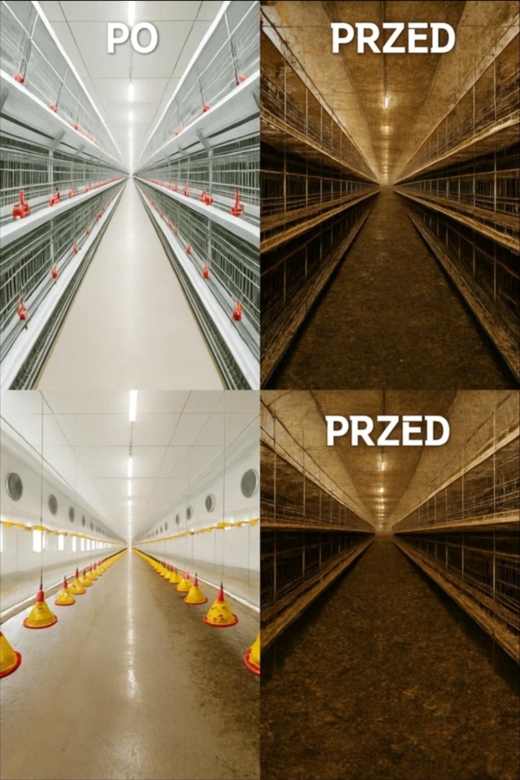 Czyszczenie przemysłowe hali: widok przed i po. Po lewej czysta, jasna hala z karmnikami, po prawej brudna, ciemna hala. Perspektywa zbieżna, symetryczny układ.