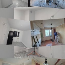 COMFORTbud KOSTIANTYN OVCHINNIKOV - Mozaika zdjęć z remontu mieszkania: pokój po malowaniu na biało, ściany w trakcie szpachlowania, malarz przy pracy, drabiny, narzędzia. Widoczne etapy prac wykończeniowych.