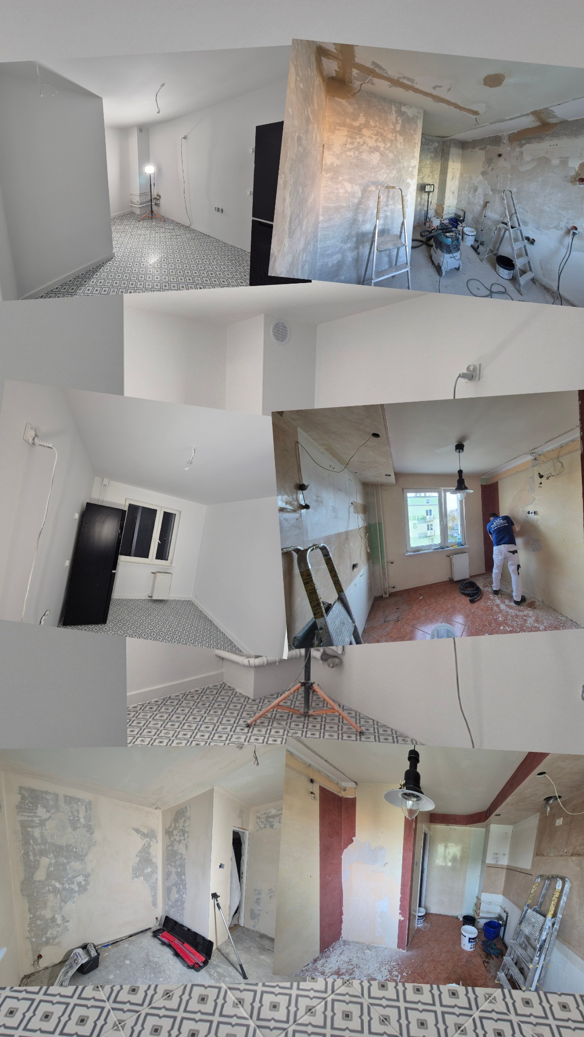 Mozaika zdjęć z remontu mieszkania: pokój po malowaniu na biało, ściany w trakcie szpachlowania, malarz przy pracy, drabiny, narzędzia. Widoczne etapy prac wykończeniowych.