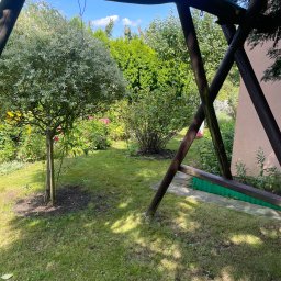 GreenService - Zadbany ogród z zielonym trawnikiem, drzewami i huśtawką w słoneczny dzień. Widoczne kwiaty i krzewy. Elementy drewniane huśtawki w pierwszym planie.