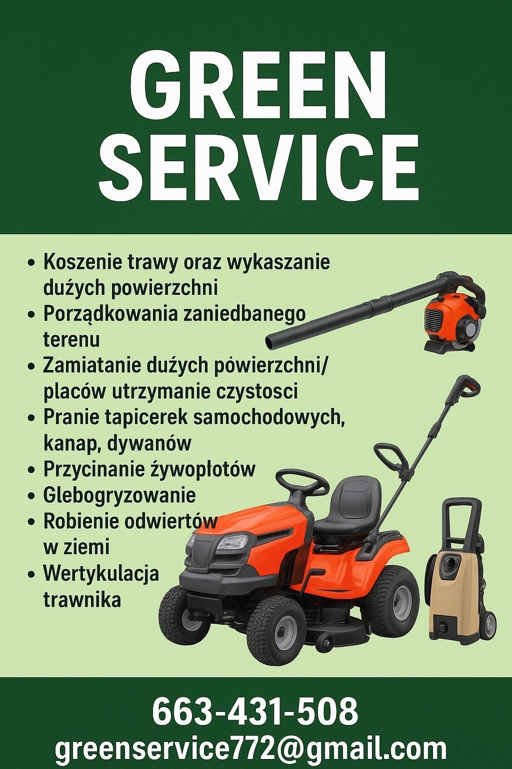 Grafika reklamowa Green Service z ofertą usług: koszenie trawy, porządkowanie terenu, pranie tapicerki, przycinanie żywopłotów, glebogryzowanie, wertykulacja trawnika.