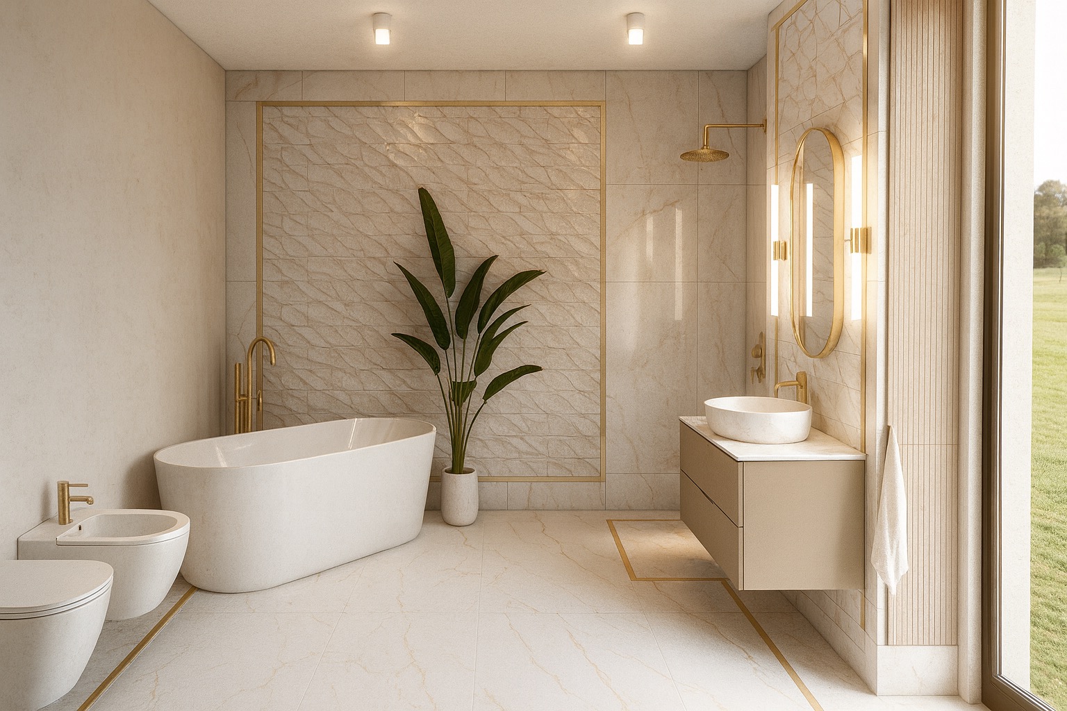Elegancka łazienka w beżach z wanną, bidetem, umywalką i złotymi akcentami. Minimalistyczny design z rośliną doniczkową i widokiem na zieleń za oknem.